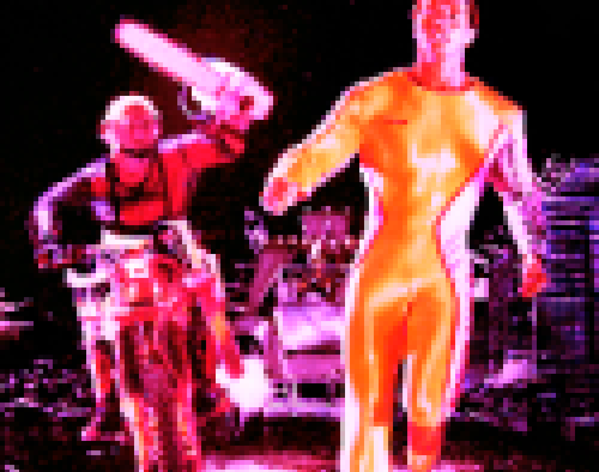 A pixellated and colour-altered image of The Running Man movie with Arnie running from a man on a bike with a chainsaw